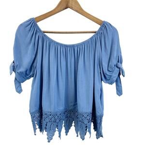 NEW‎ Bongo Juniors L Bohemian Boho Tie Sleeve Off Shoulder Chambray Blue Lace